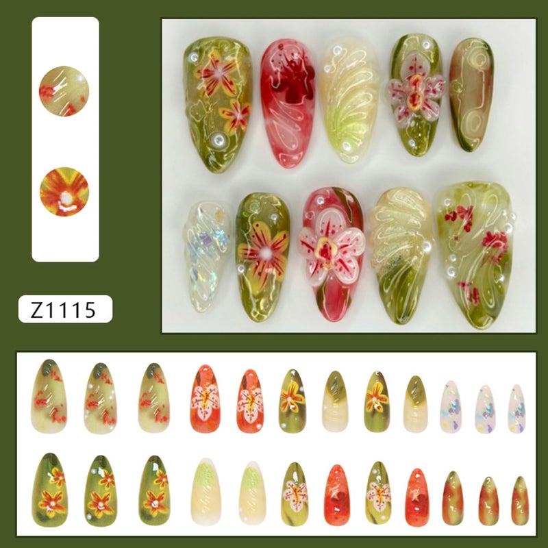 CJDLTS 3D Ripple Flower Press on Nails Almond Shaped with Pearl Design Medium Acrylic False Nail Full Cover Press Ons Floral Stick on Nail Green Smudge French Glue on Nails for Women 24Pcs - Image 3